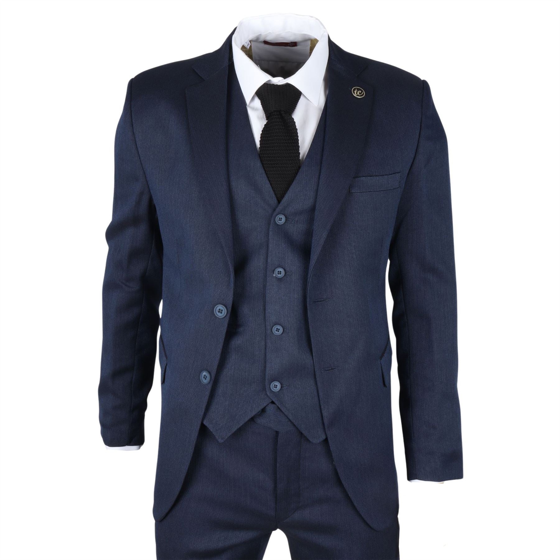 Men's Suit 3 Piece Navy Blue Classic Birdseye Wedding Formal Dress
