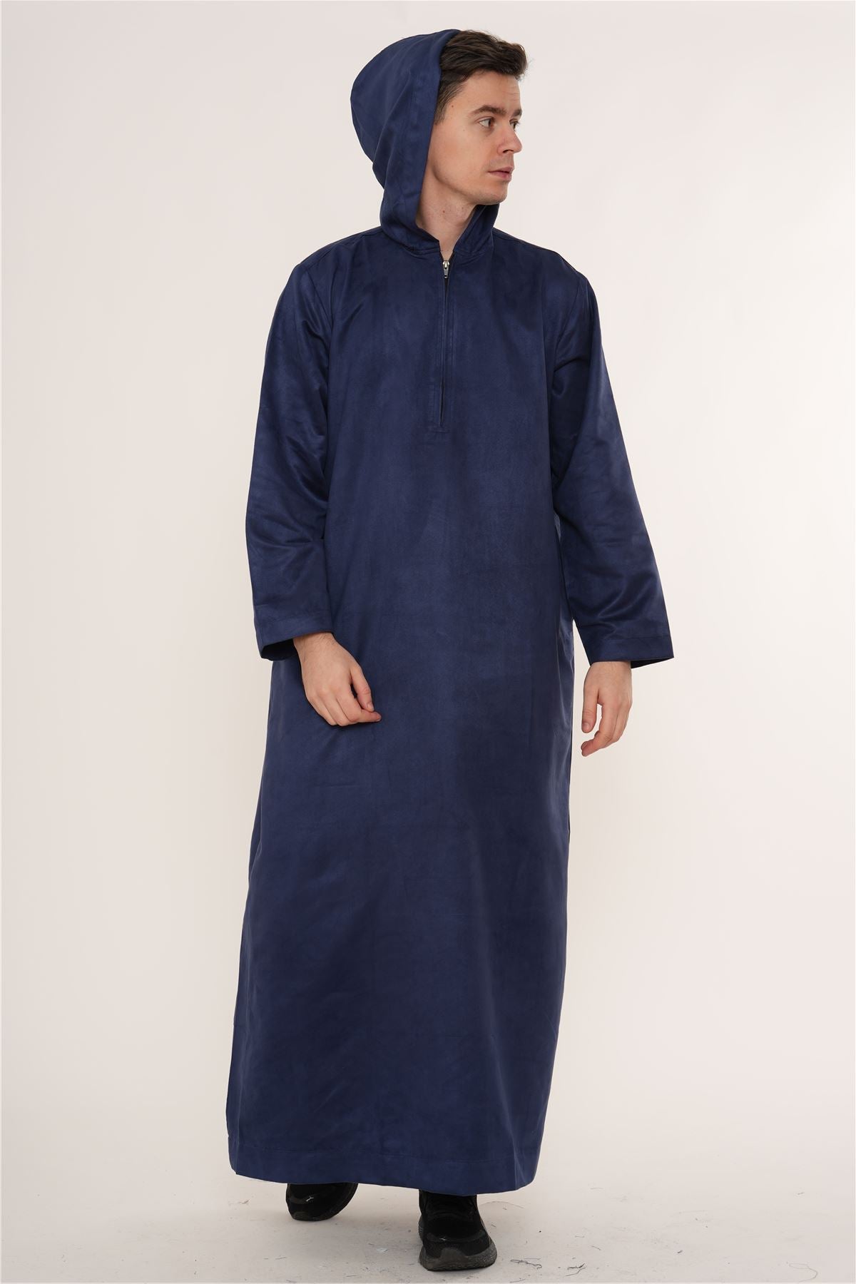 HM12 - Men's Hooded Suede Thobe Emirati Omani Zipped Thobe