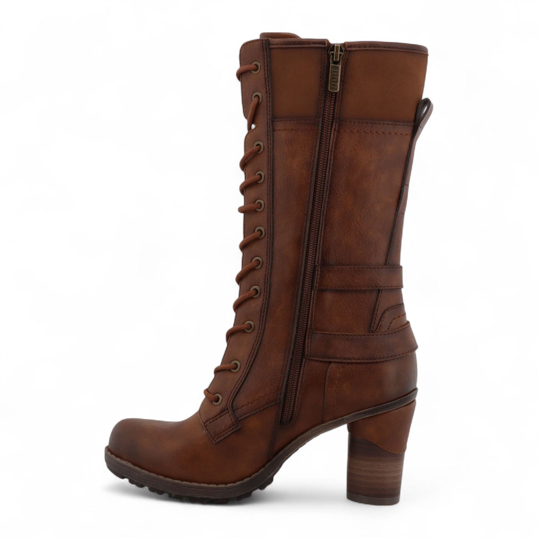 Women's Brown Mid-Calf Lace Up Heeled Combat Boots