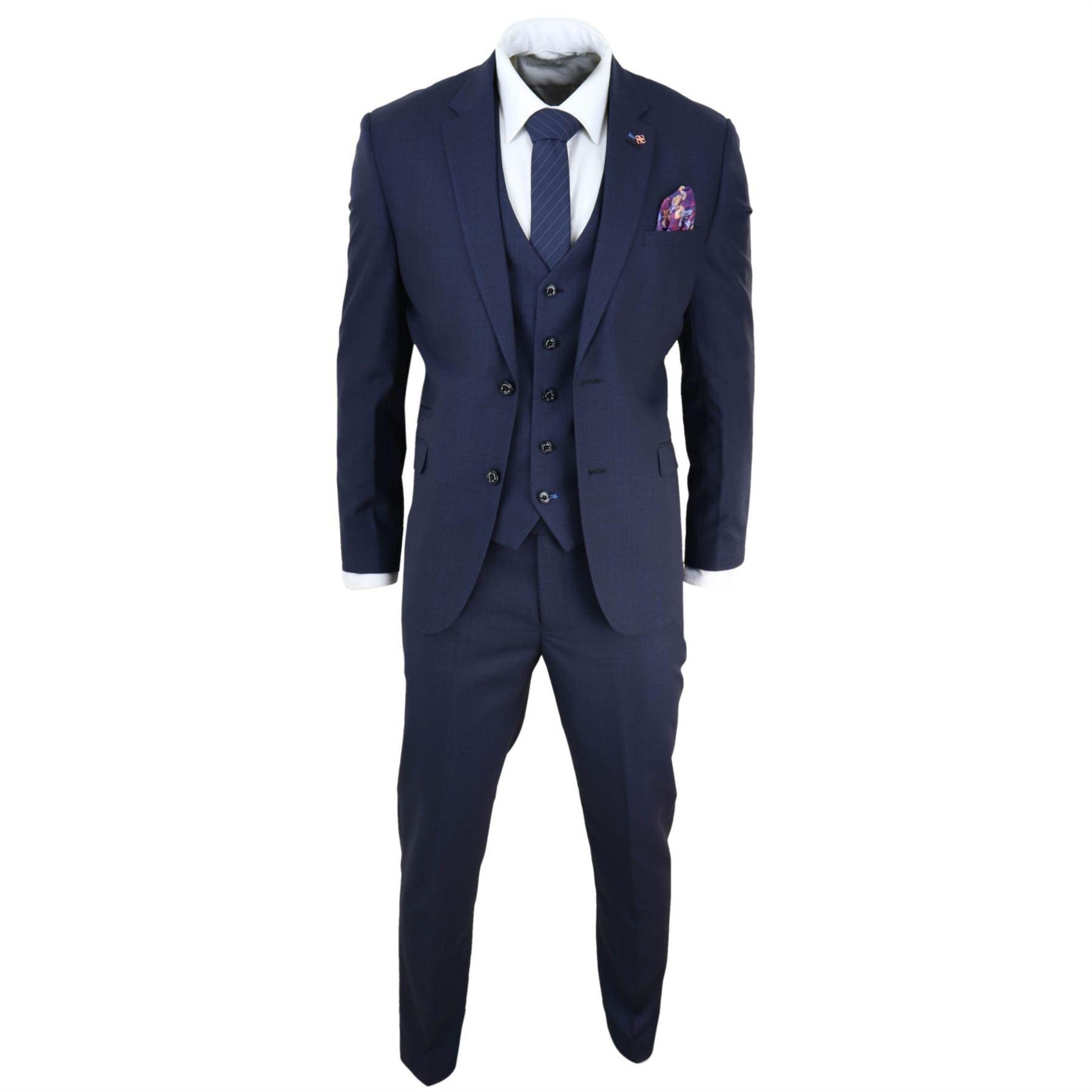 Mens 3 Piece Suit Navy Tailored Fit Classic Retro Vintage Wedding Prom Office - Knighthood Store