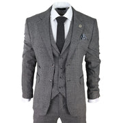 Mens Classic 3 Piece Suit Prince Of Wales Check Grey Tailored Fit Vintage Wedding