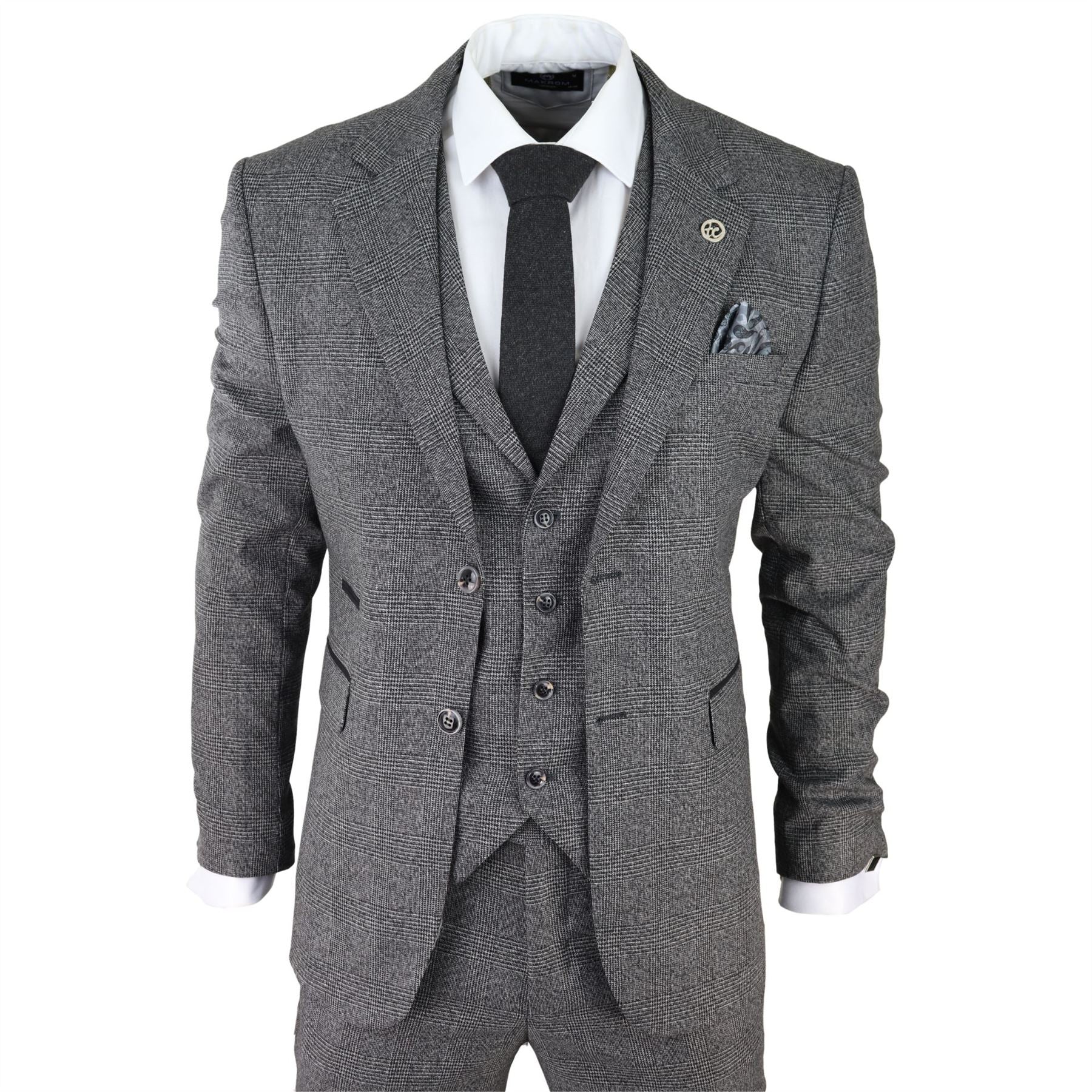 Mens Classic 3 Piece Suit Prince Of Wales Check Grey Tailored Fit Vintage Wedding