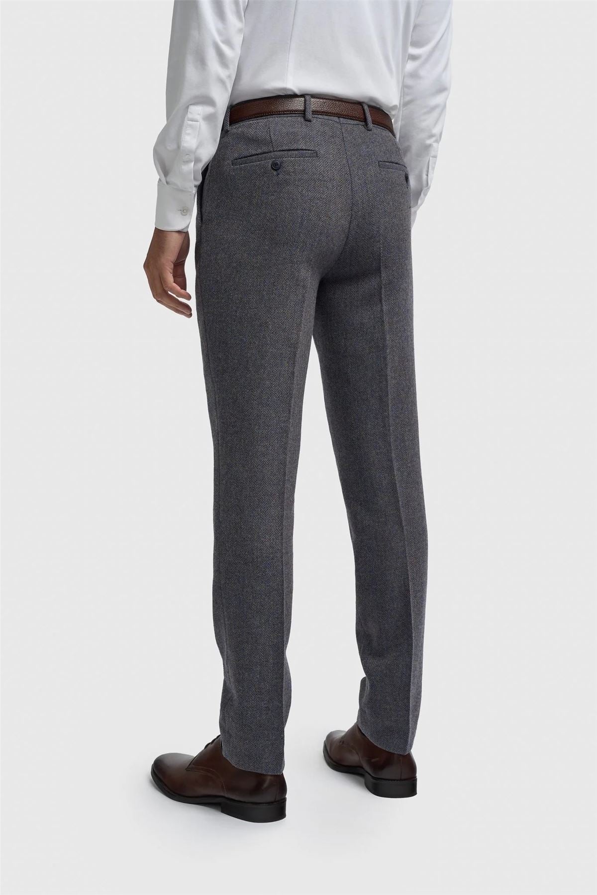 Thomas - Men's Navy Wool Blend Herringbone Tweed Trousers