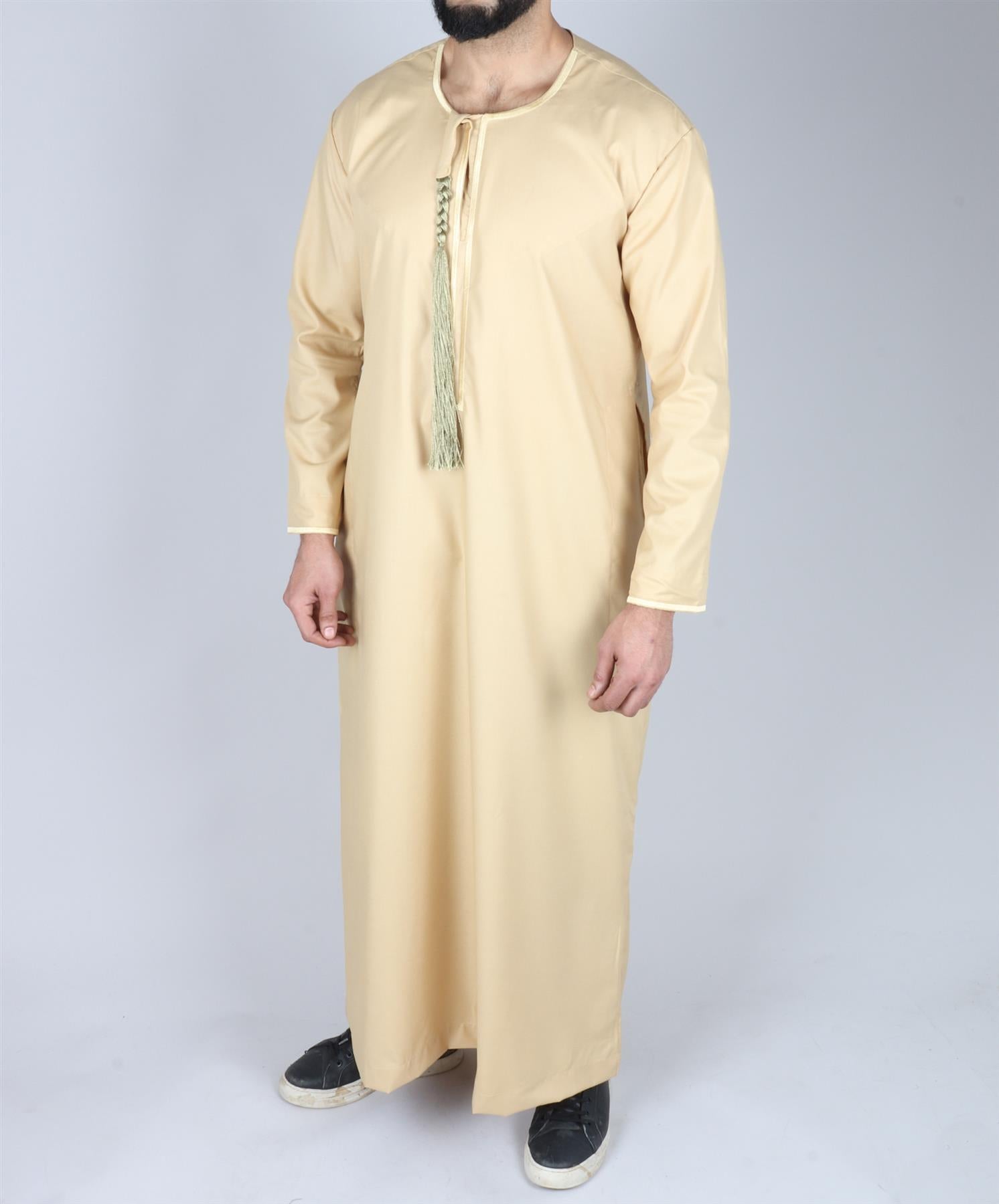 Mens Thobe Jubba Islamic Clothing Muslim Kaftan Emirati Omani Robe Arab Tassel