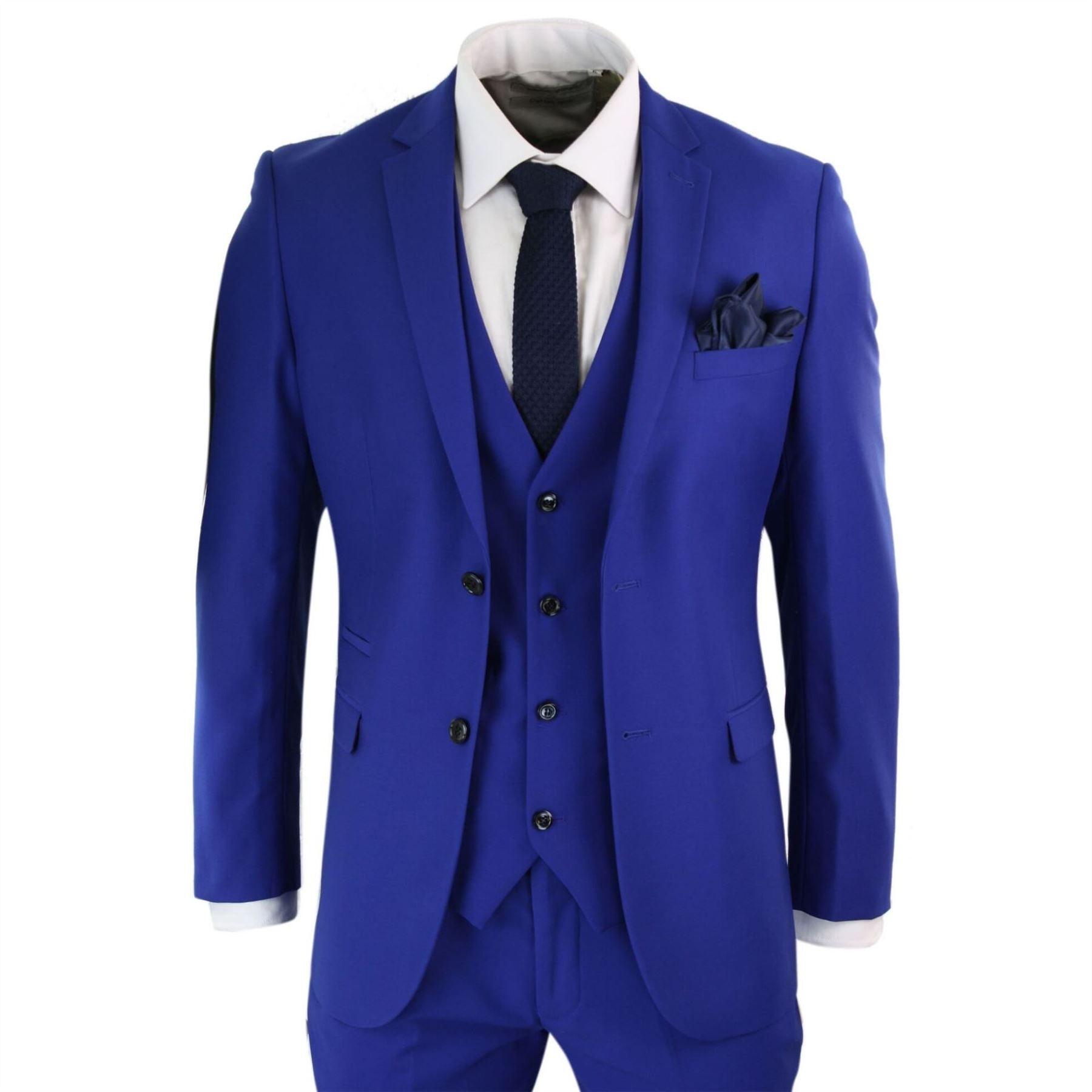 Mens 3 Piece Royal Blue Tailored Fit Complete Suit Best Man Groom Prom