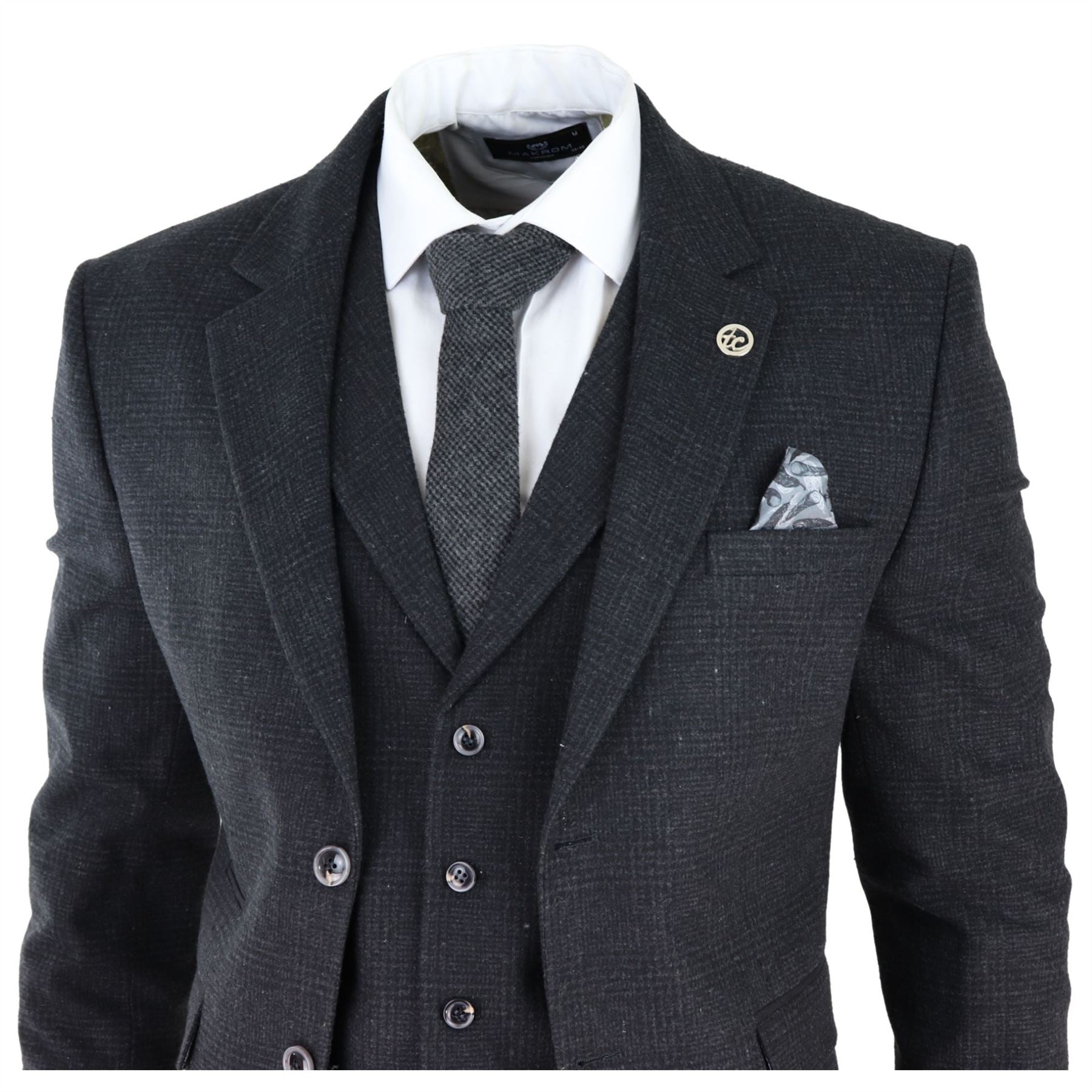 Mens Black Tweed 3 Piece Suit Check Vintage 1920s Gatsby Blinders Tailored Fit