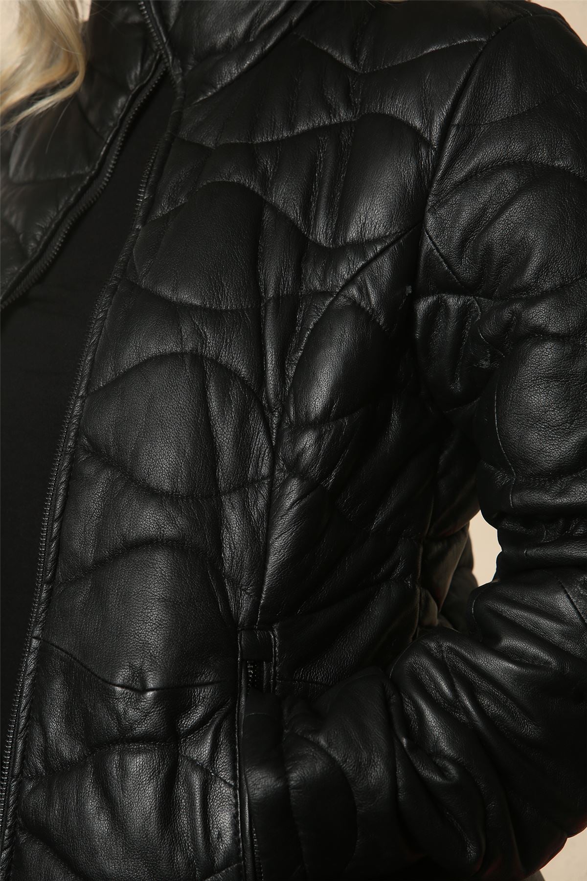 Women's Puffer Quilted Mid Length Leather Jacket