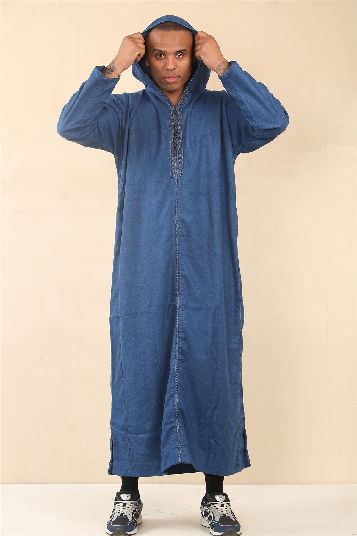 Men's Moroccan Thobe Hooded Djellaba Jubba Islamic Clothing Kaftan Eid Robe Arab Warm Coat