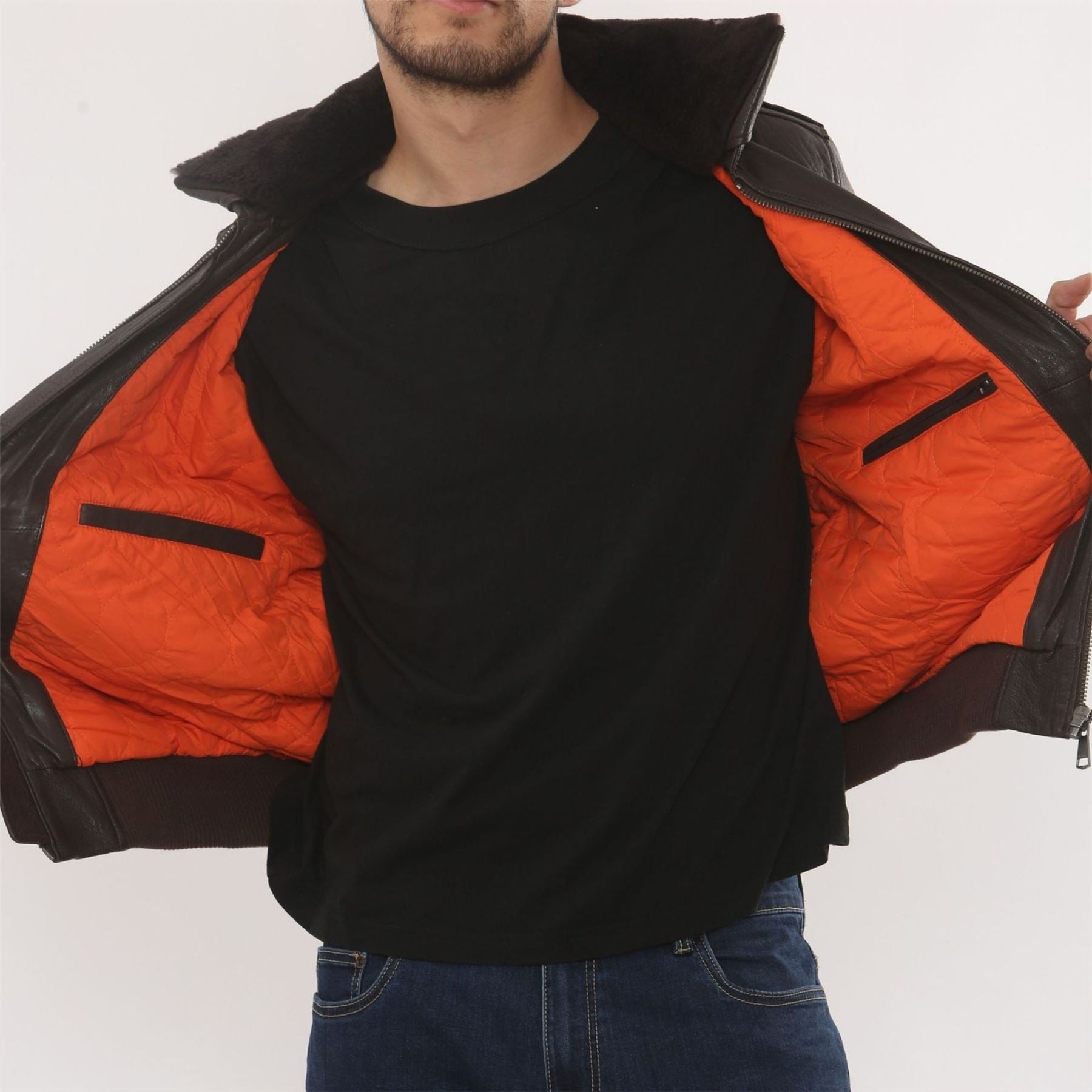 Men's Leather Bomber Jacket Fur Collar Aviator Coat