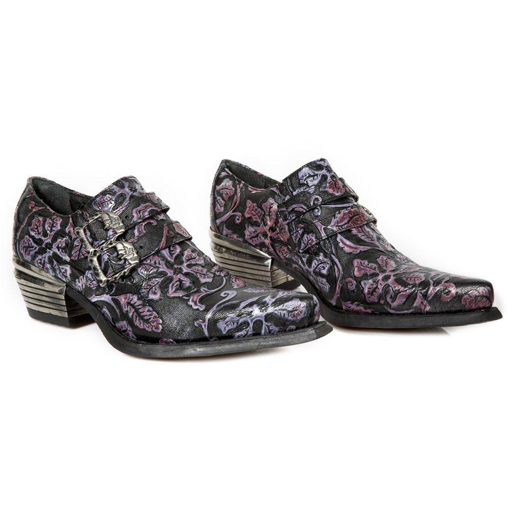 New Rock 7960-s8 Shoe Embossed Vintage Black Leather Buckle Steel Heel Shoes - Knighthood Store