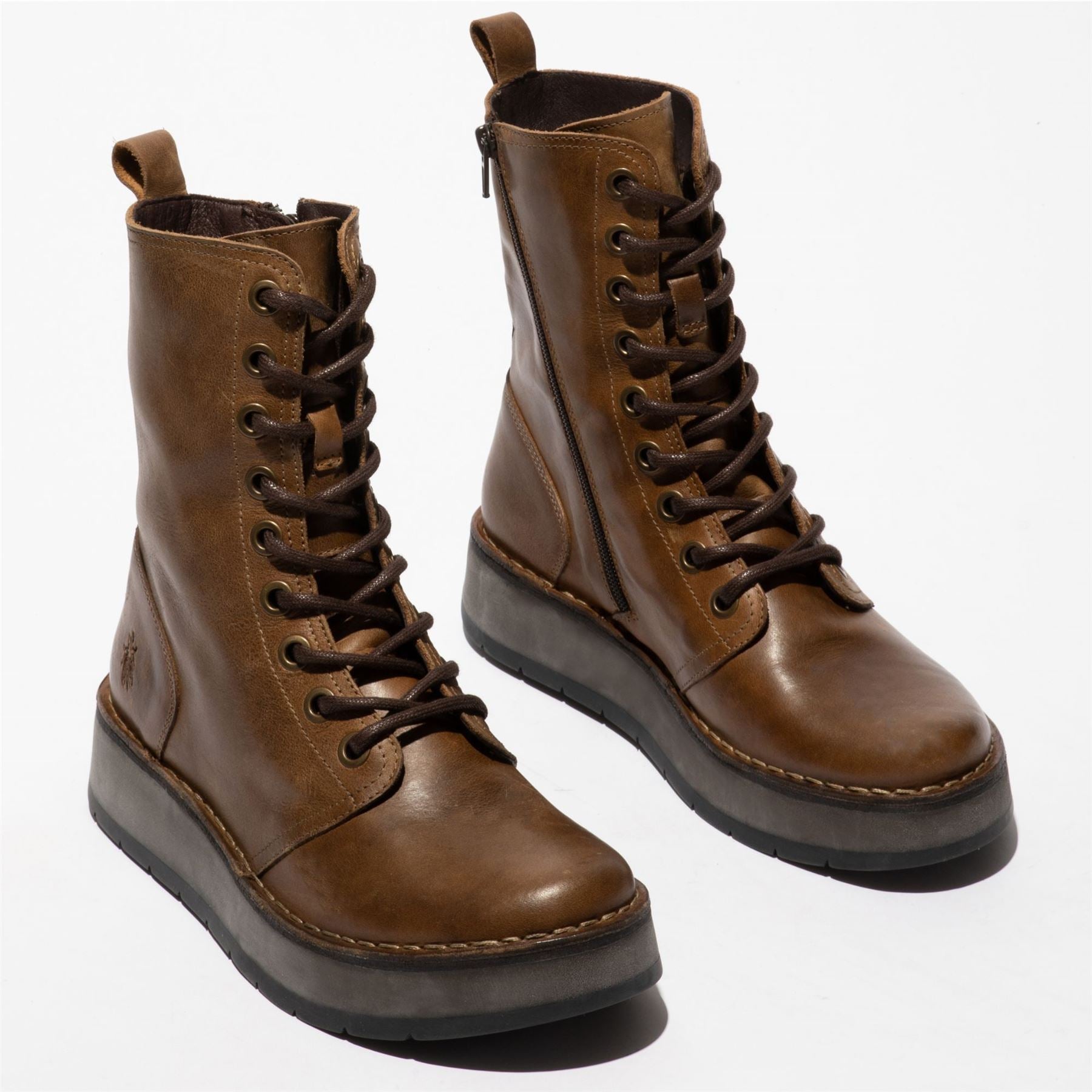 RAMI043FLY - Women's Wedge Heel Lace Up Leather Ankle Boots