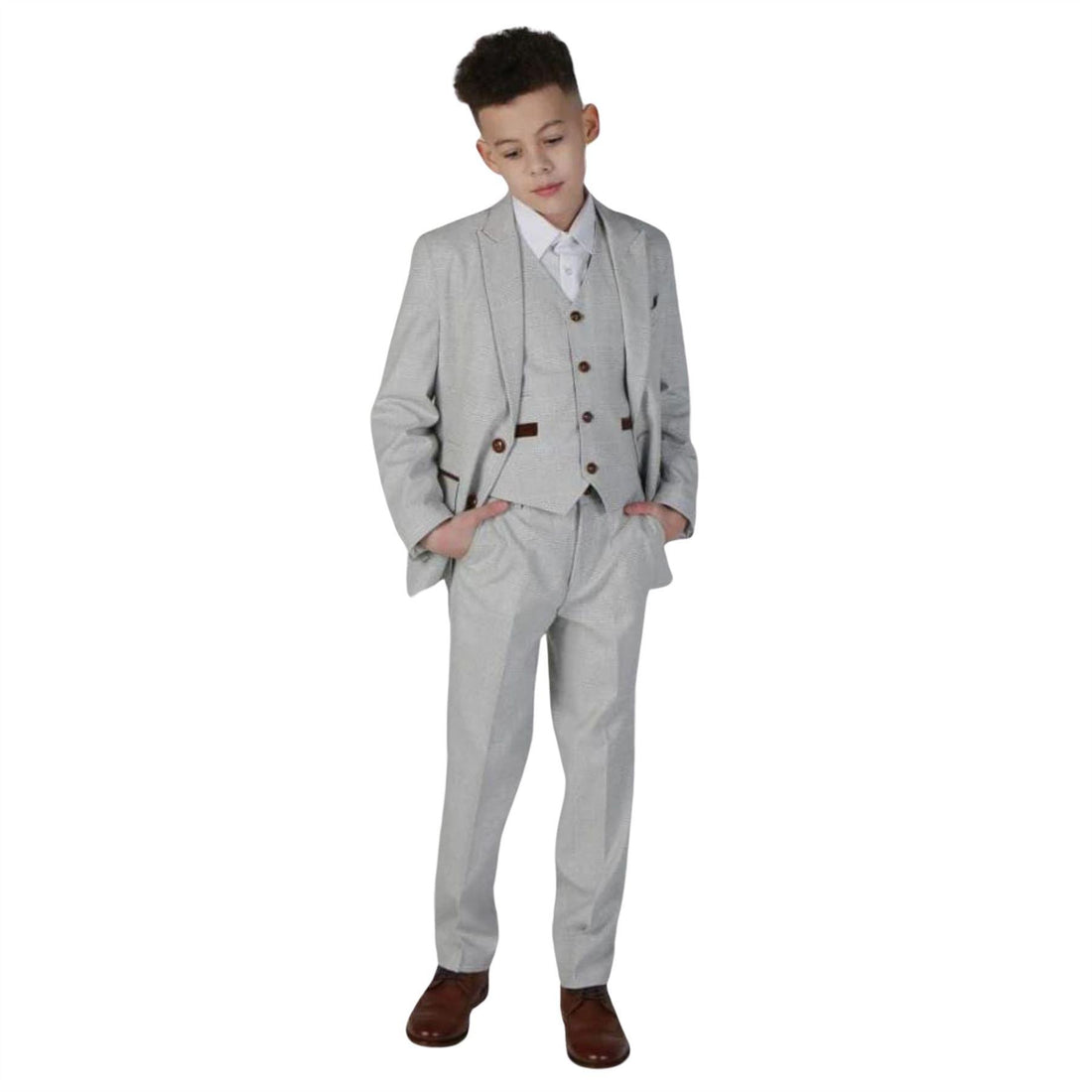 Boys Grey Stone 3 Piece Tweed Check Suit Wedding - Knighthood Store