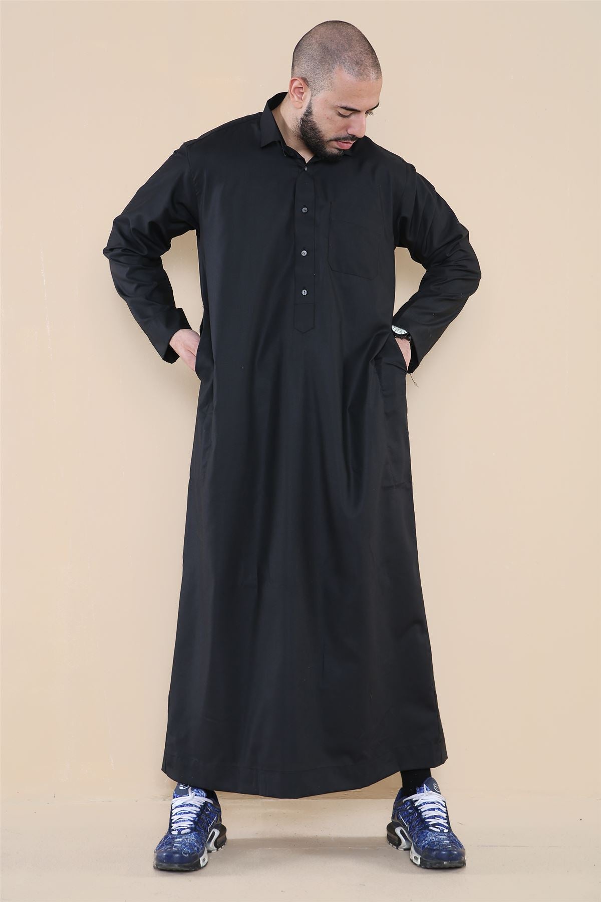Mens Thobe Jubba Turn Down Collar Islamic Muslim Cotton Kaftan Dress Robe Arabic