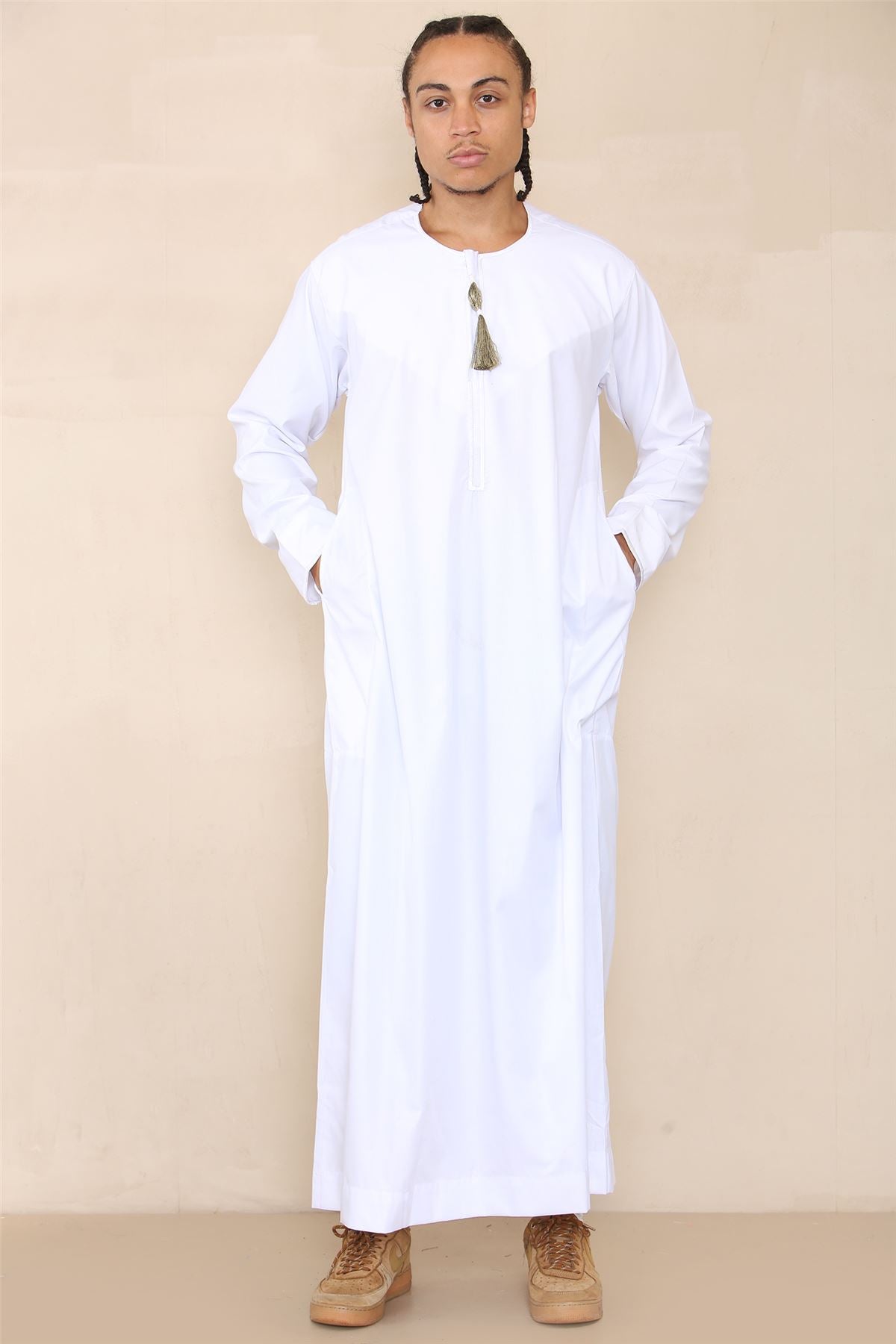 Mens Thobe Jubba Islamic Clothing Muslim Kaftan Emirati Omani Robe Arab Tassel