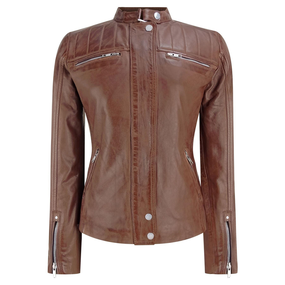 Infinity Brando' Ladies Women Timber Brown Classic Biker Style Leather Jacket - Knighthood Store