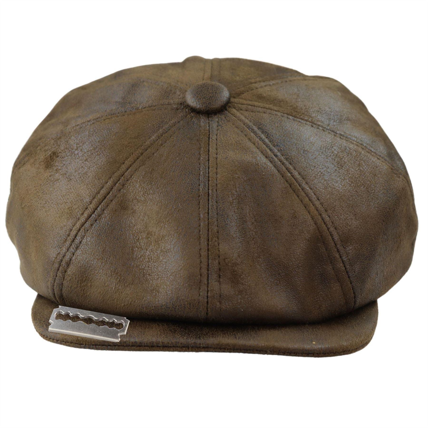 Mens 8 Panel Razor Baker Boy Hat PU Leather Blinders Newsboy Flat Cap Black Brown - Knighthood Store