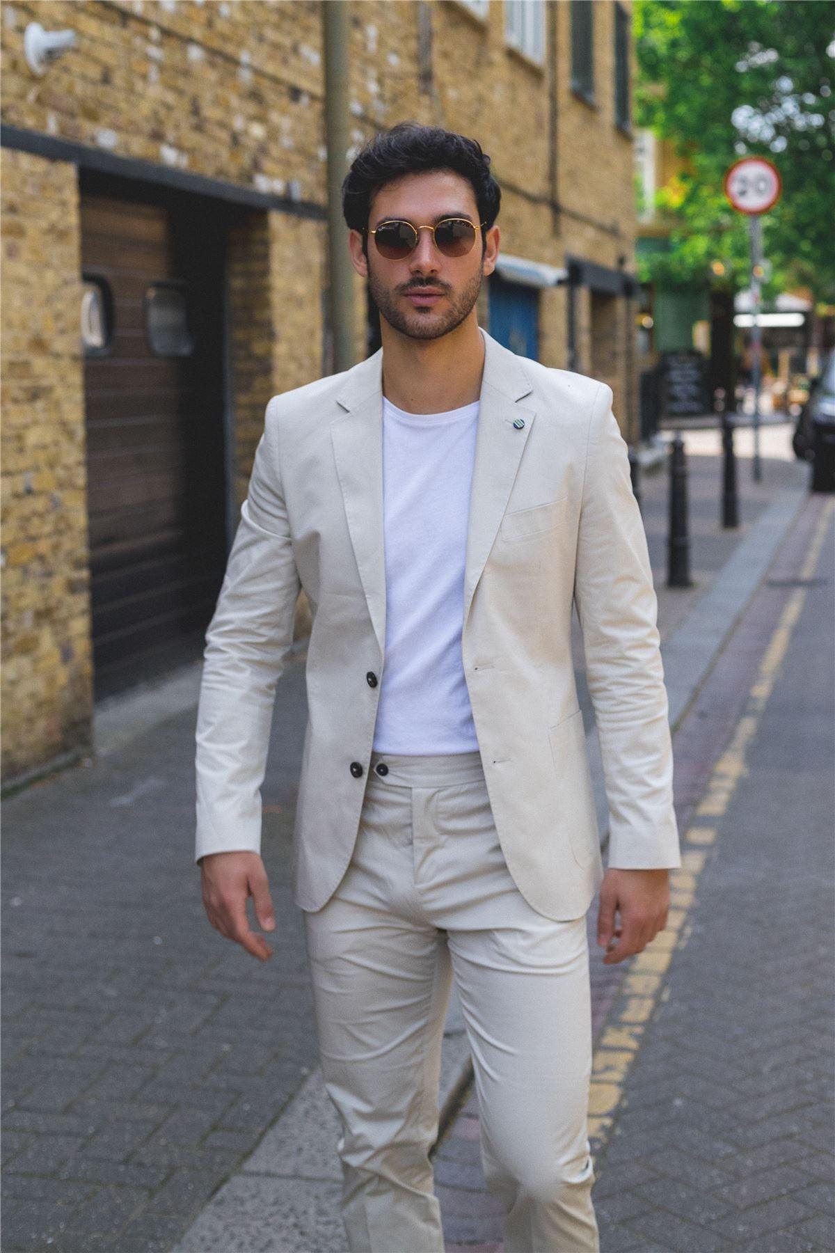 Mens 2 Piece Summer Suit Beige Office Wedding Smart Casual Classic Italian Tailored Fit - Knighthood Store