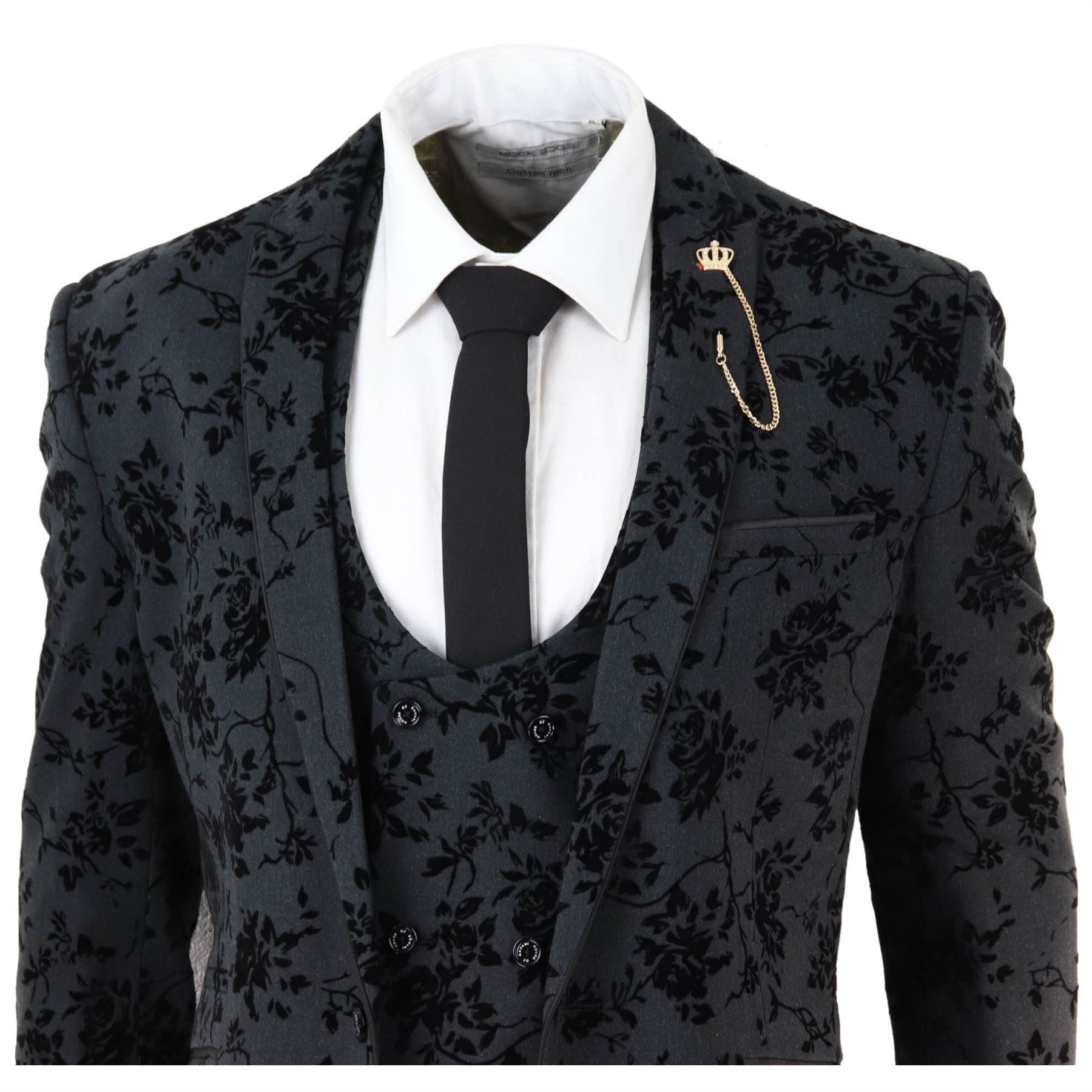 Mens Black 3 Piece Suit Paisley Velvet Wedding Grrom Best Man Tailored Fit
