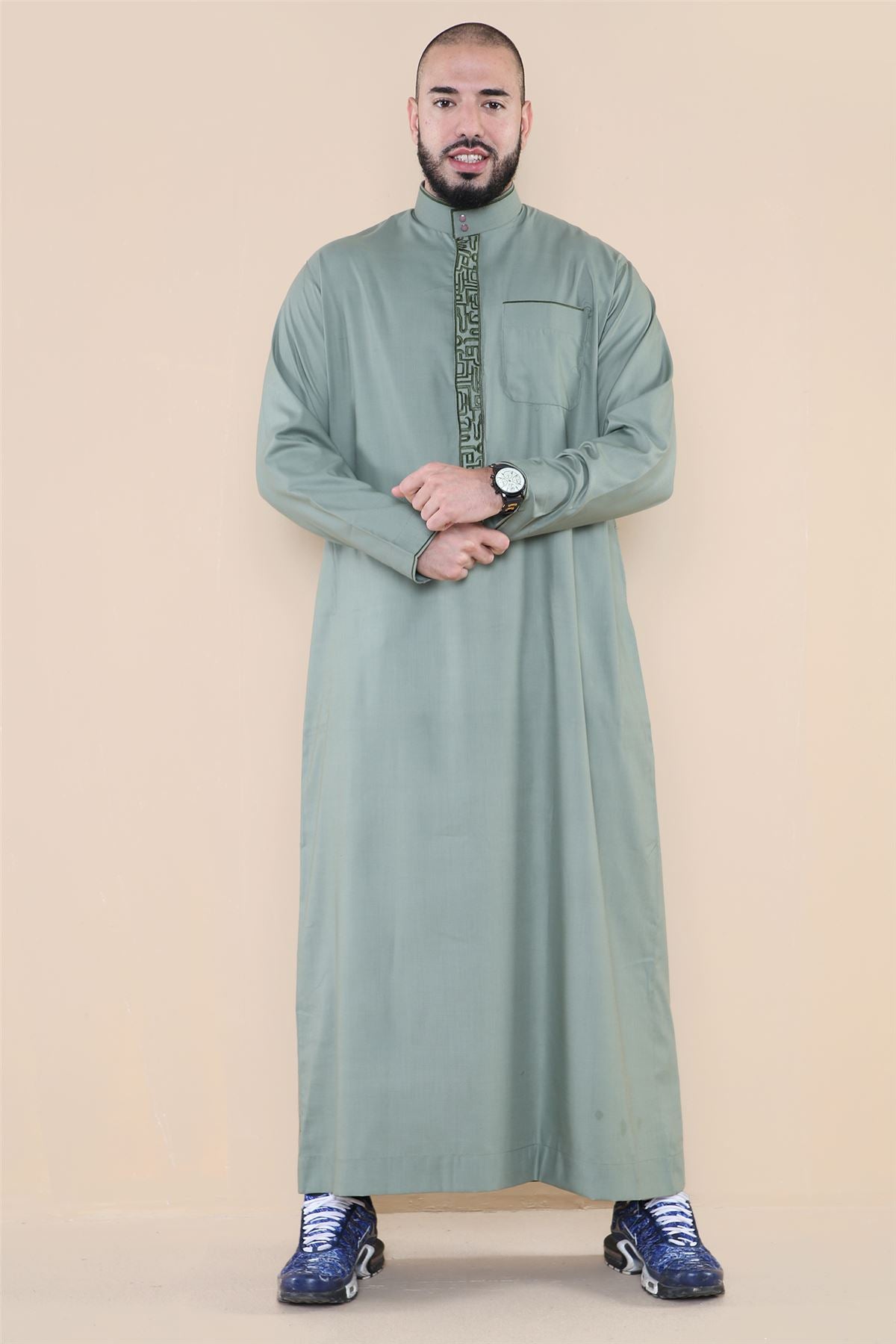 Mens Thobe Jubba Nehru Stand Collar Islamic Clothing Muslim Cotton Kaftan Embroidery Eid Robe Saudi