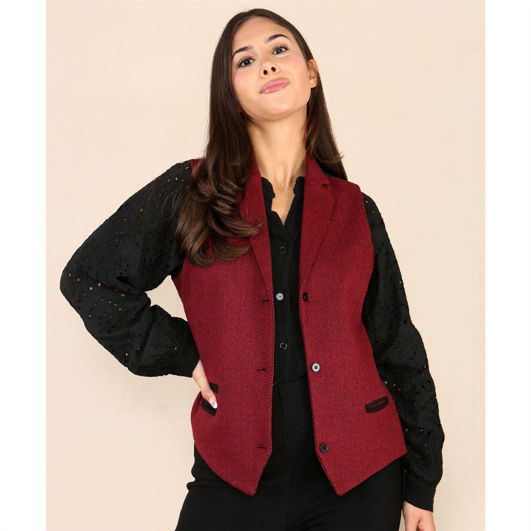 Womens Tweed Herringbone Waistcoat Blazer Jacket Wine Red Classic Vintage 1920s - Knighthood Store