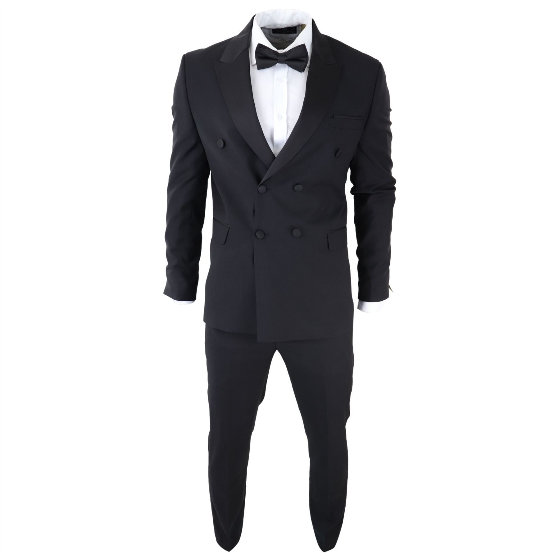 Mens Double Breasted Black Tuxedo Suit Dinner Jacket Stripe Trouser Tux Classic Satin