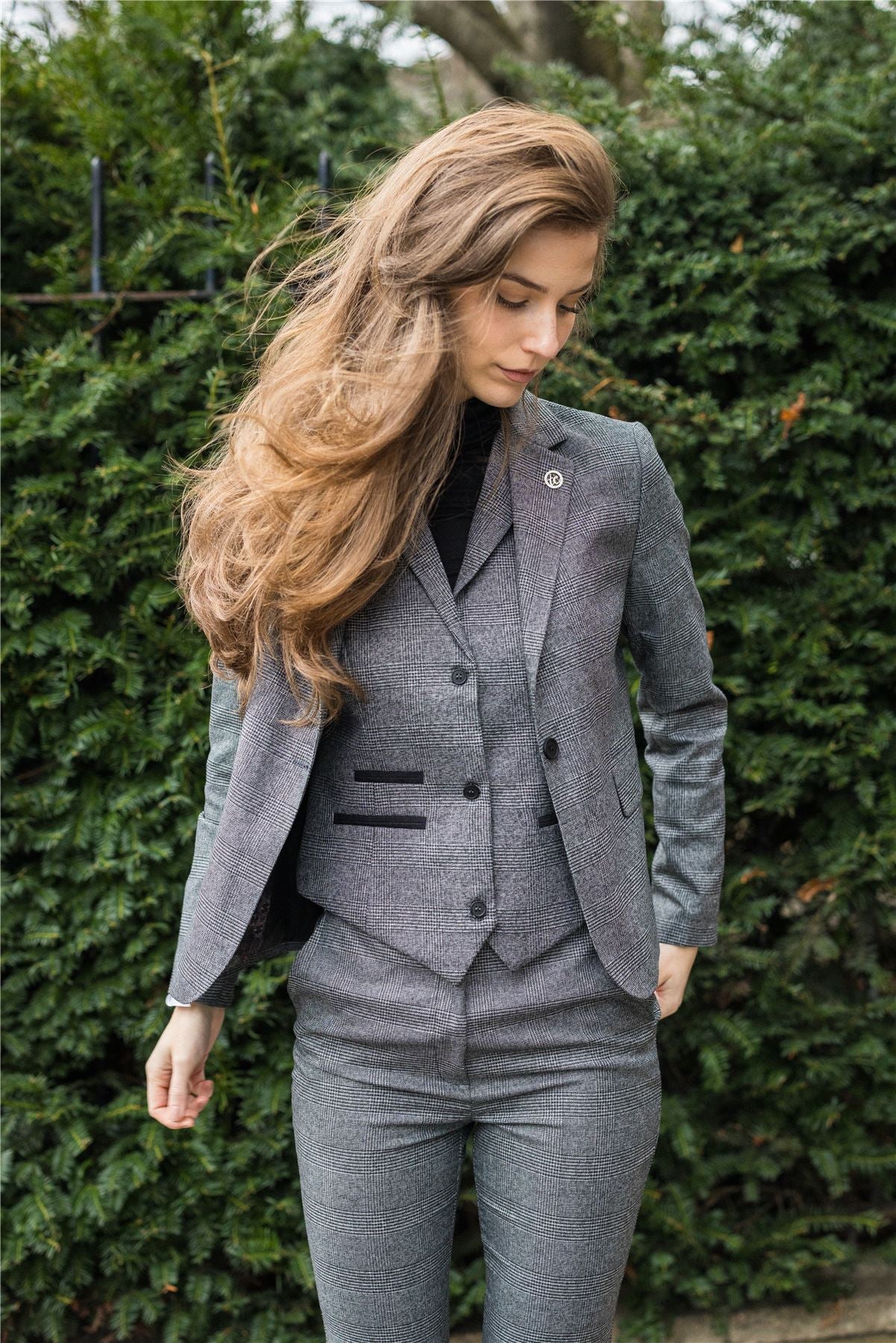 Women's Suit 3 Piece Grey Prince Of Wales Check Tailored Fit Business Formal Ladies Dress