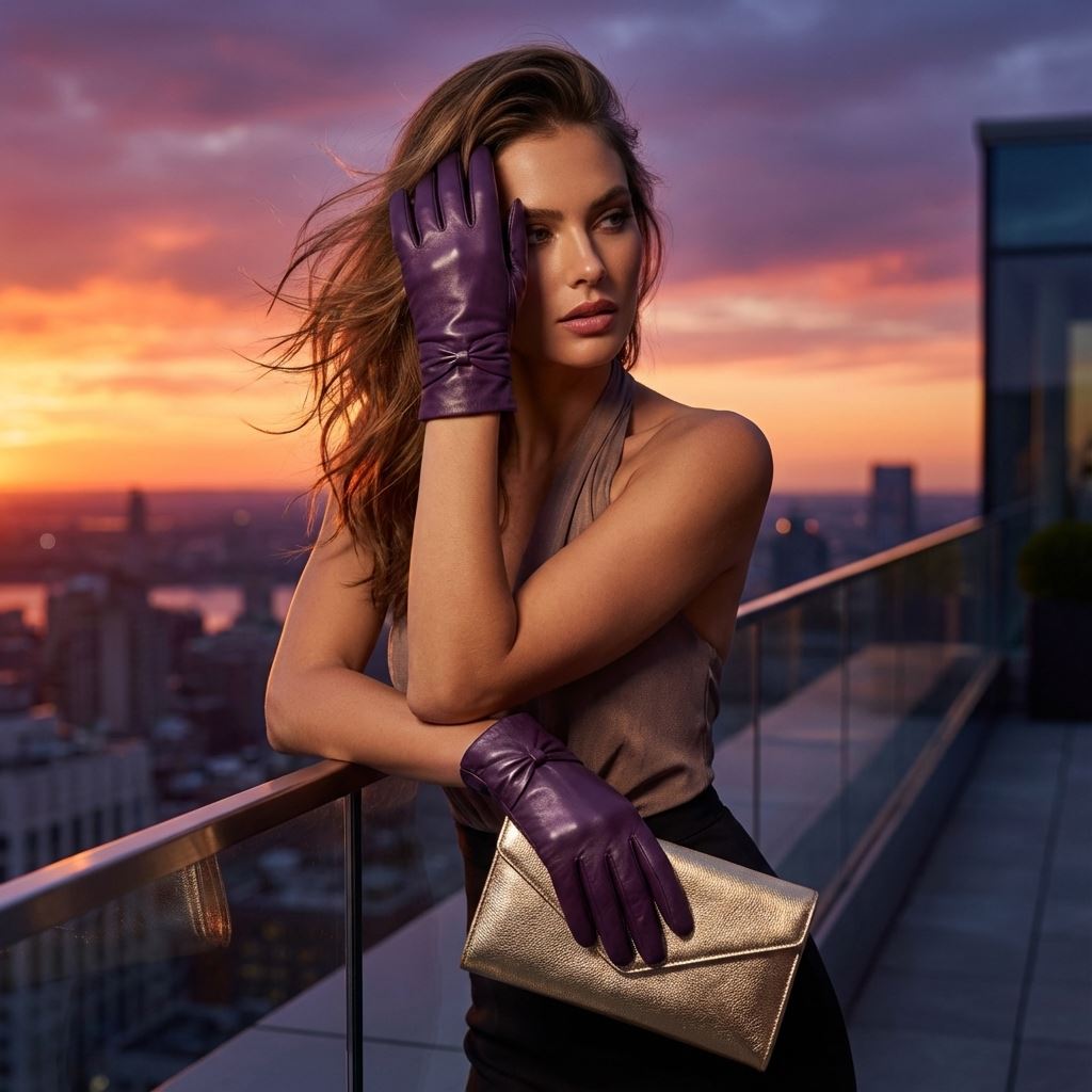 Women's Leather Wool Lined Bow Knot Accent Gloves