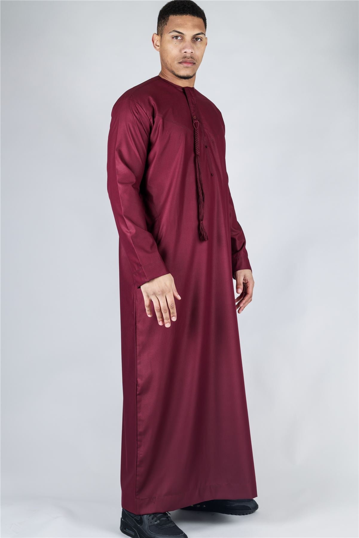 Men's Thobe Emirati Omani Jubba Islamic Clothing Muslim Kaftan Eid Robe Arab String Tassel