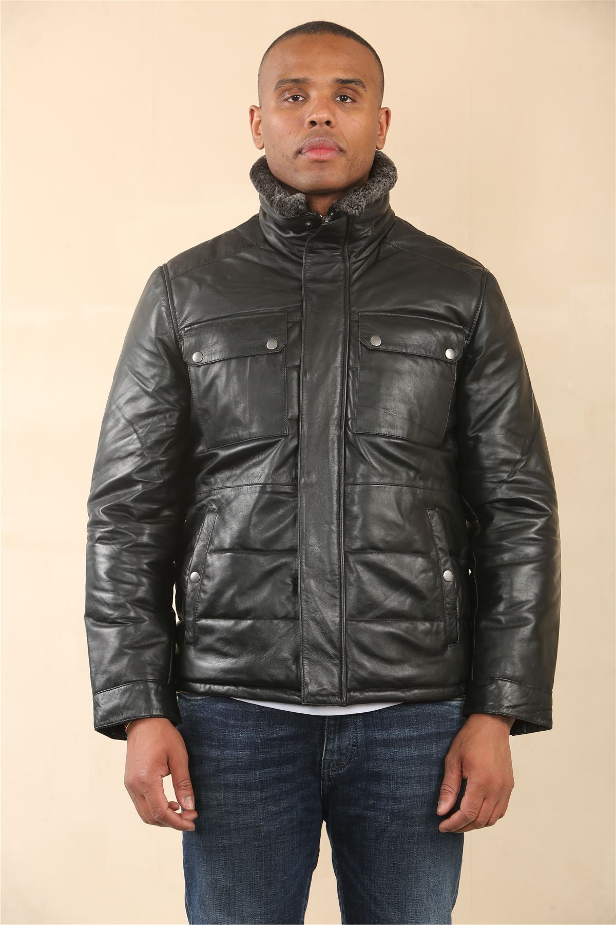 Men's Quilted Faux Fur Collar Leather Jacket