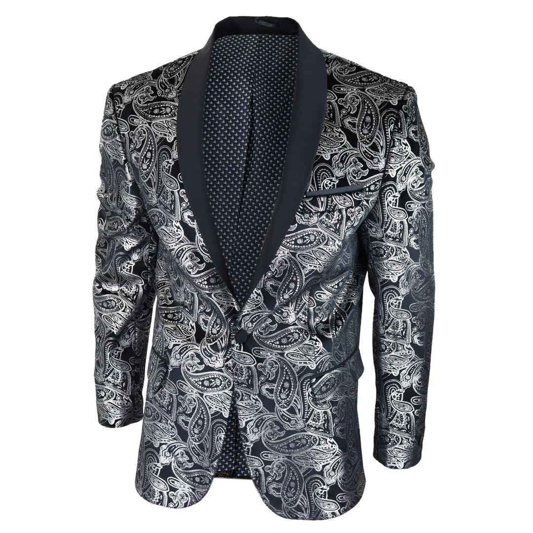 Mens Velvet Paisley Floral Blazer Black Gold Silver Tuxedo Jacket Dinner Suit Tux - Knighthood Store