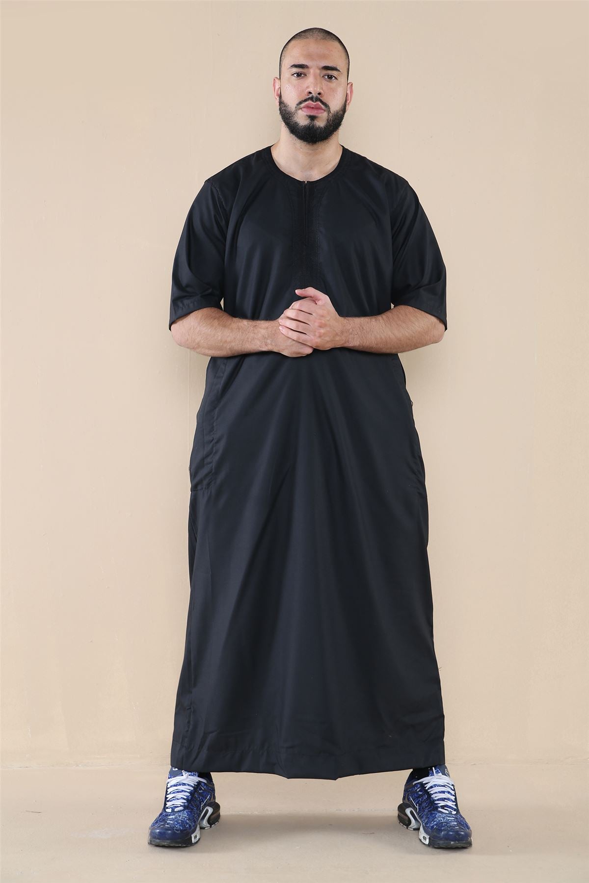 Mens Thobe Jubba Islamic Clothing Kaftan Half Sleeve Robe Moroccan Arab Zipped