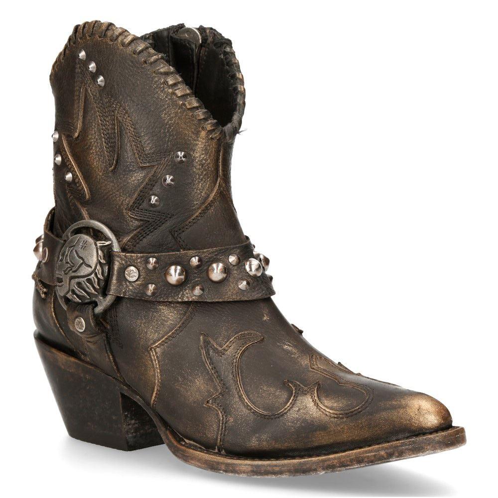 New Rock WSTM004-S1 Brown Leather Cowboy Western Pointed Boots Vintage Stud - Knighthood Store