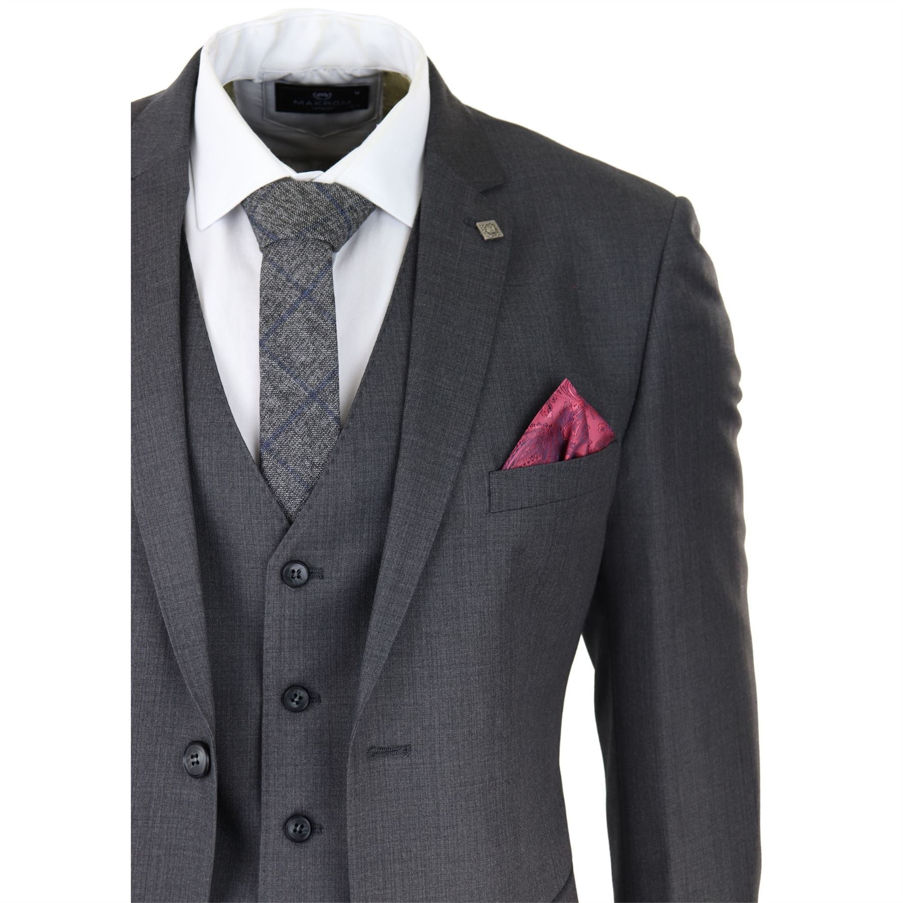 Mens Dark Grey Charcoal 3 Piece Suit Classic Stitch Wedding Summer Prom Classic