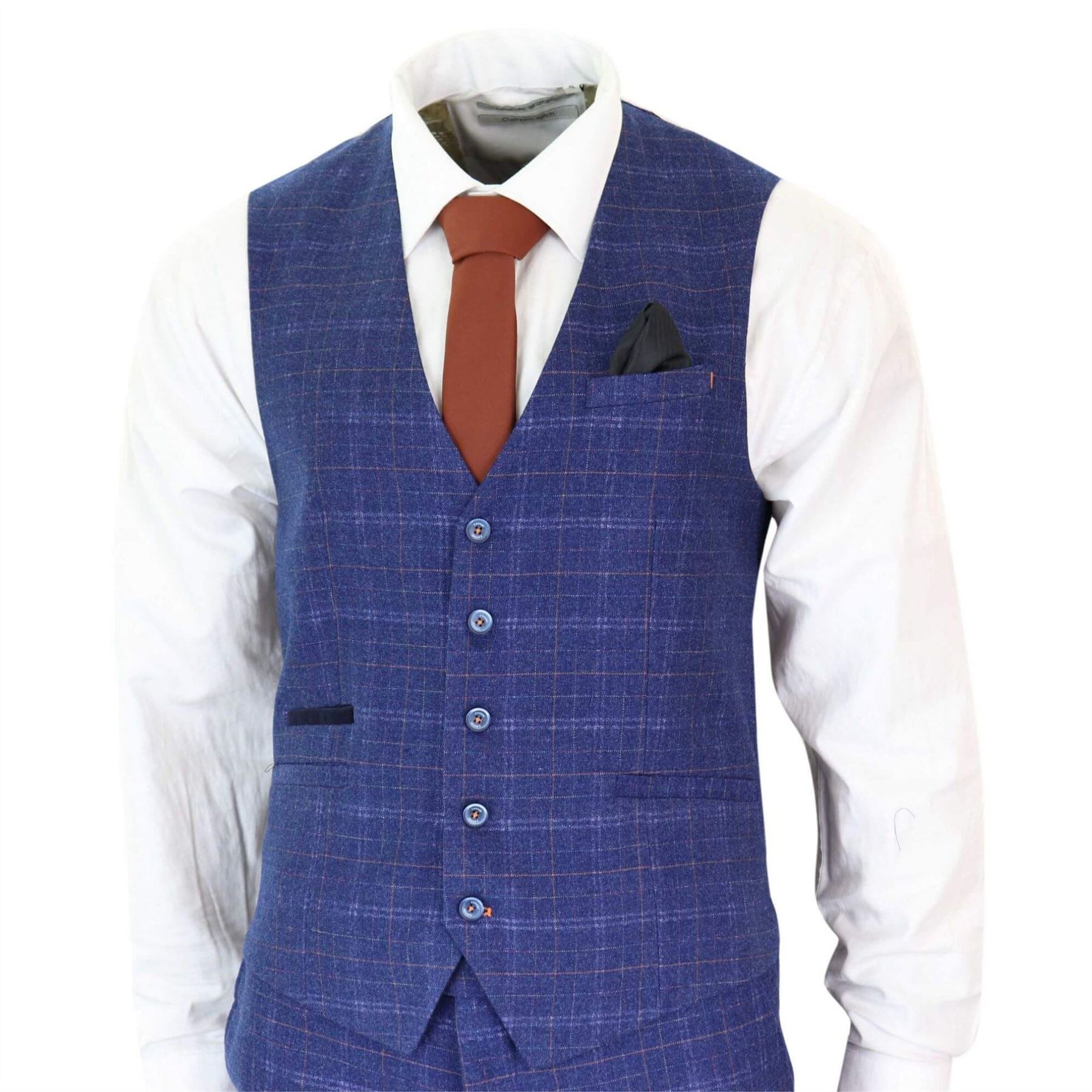 Mens Blue Tweed Check 3 Piece Suit Vintage Retro Classic Tailored Fit 1920's