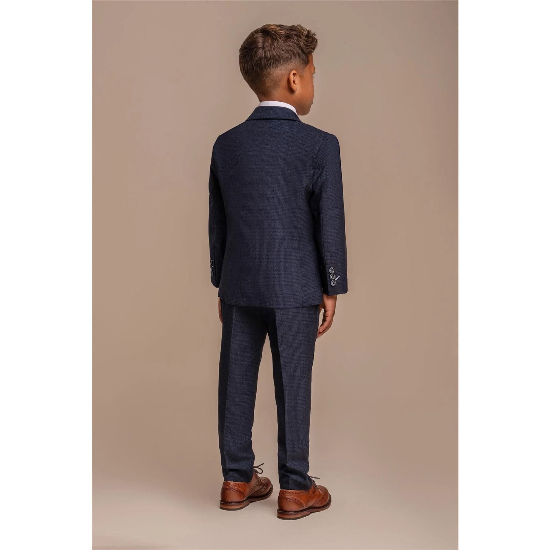 Boys 3 Piece Navy Check Suit Tweed Tailored Fit Wedding