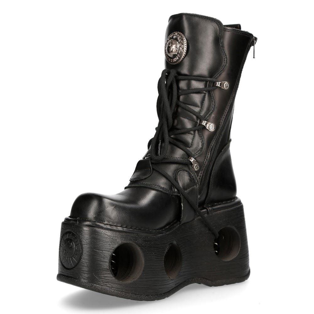 New Rock 373-S2 Metallic Black Leather Neptuno Platform Gothic Boots Buckle - Knighthood Store