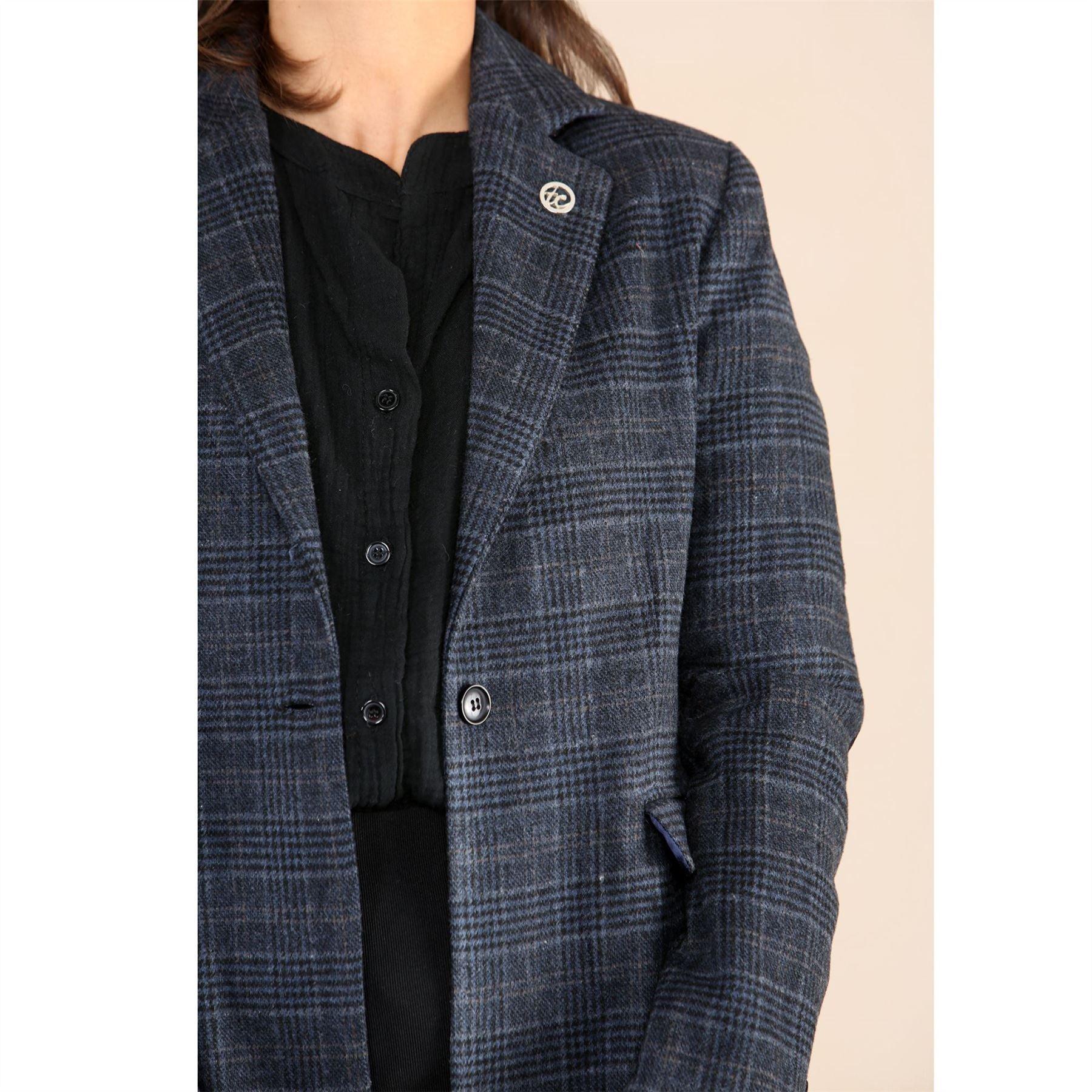 Womens Tweed Check Waistcoat Blazer Suit Navy Blue Classic Vintage Elboy Patch 1920s - Knighthood Store