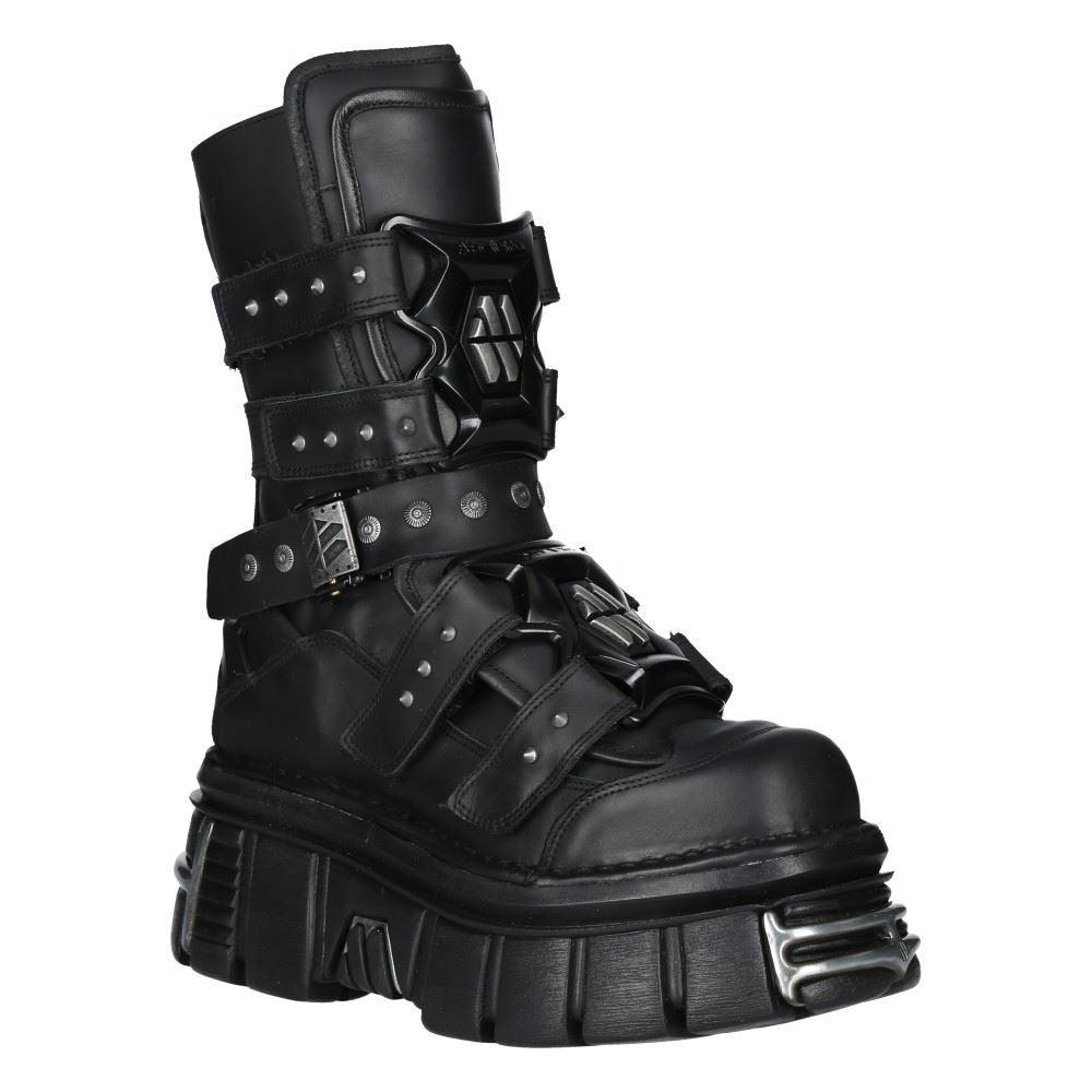 New Rock Boots M-MET422-S1 Unisex Metallic Black Leather Platform Gothic Boots - Knighthood Store