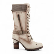 Women's Cream White Mid-Calf Lace Up Heeled Combat Boots