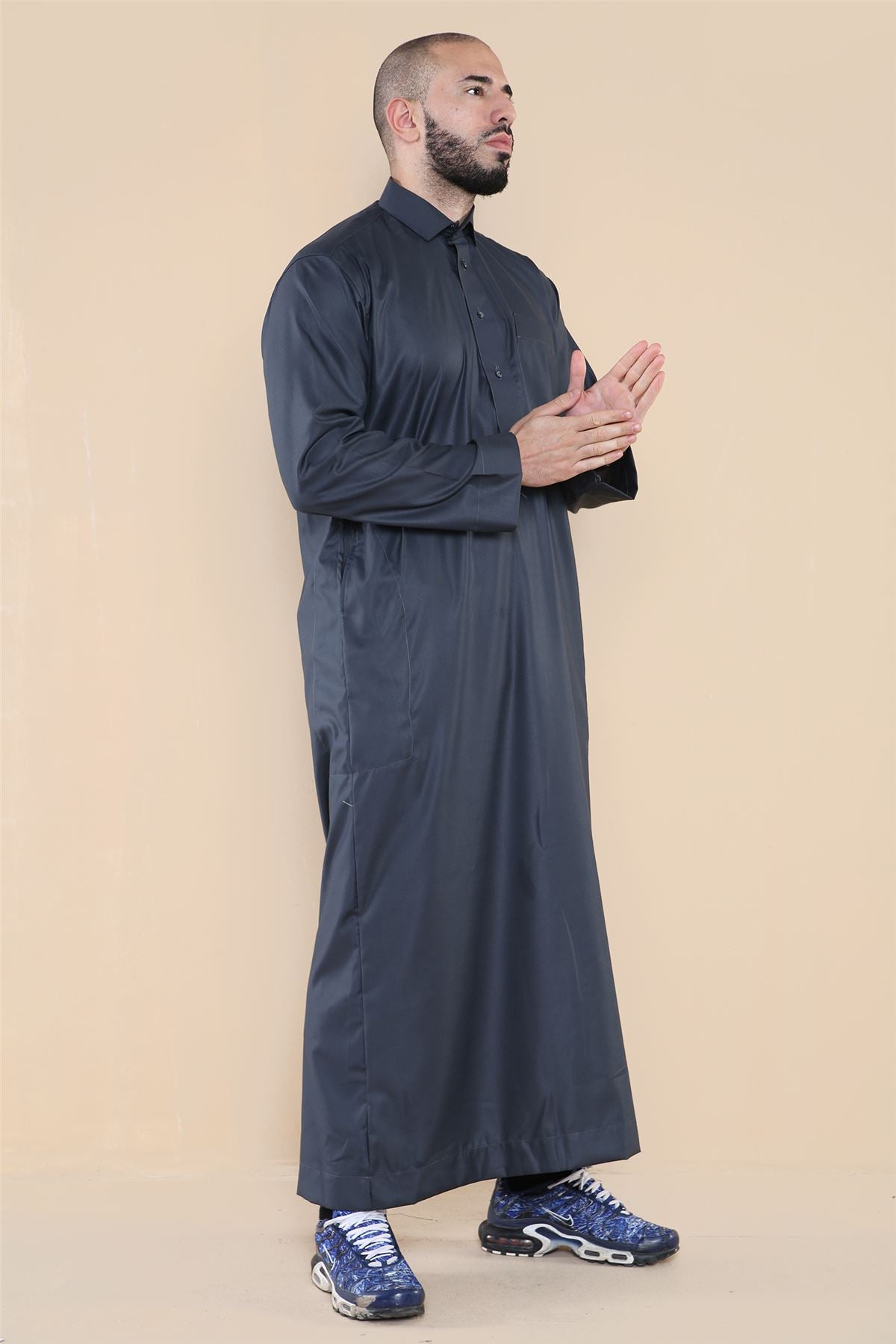 Mens Thobe Jubba Turn Down Collar Islamic Muslim Cotton Kaftan Dress Robe Arabic