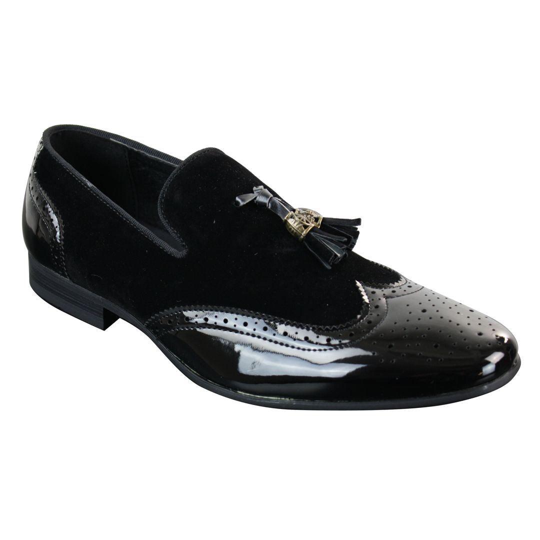 Mens Slip On Tassel Driving Shoes Shiny Black Navy Red Patent Leather PU Suede Loafers - Knighthood Store