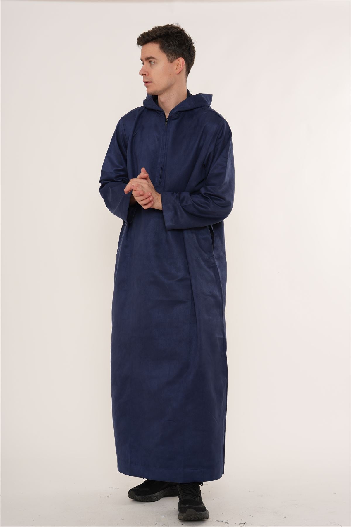 HM12 - Men's Hooded Suede Thobe Emirati Omani Zipped Thobe