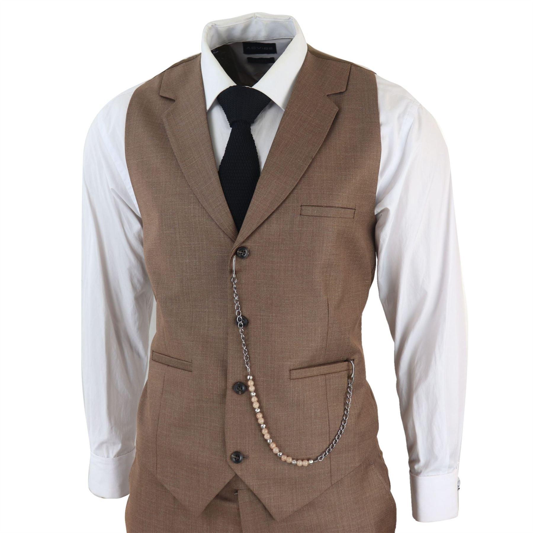 Mens Classic 3 Piece Suit Brown Pocket Chain Wedding Tailored Fit Vintage Formal - Knighthood Store