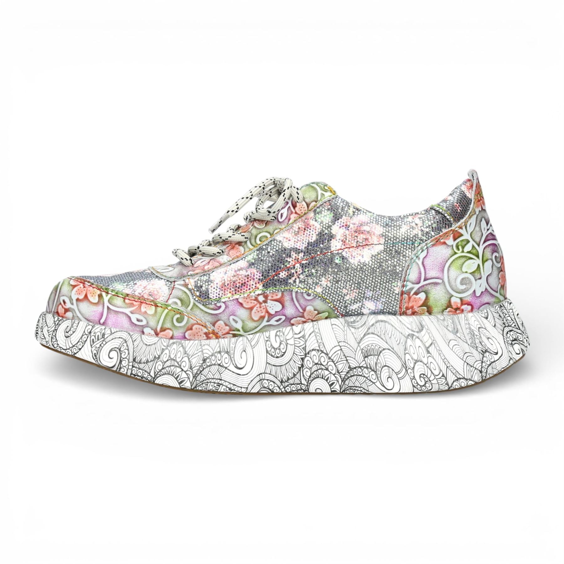 Nikito 62 - Women's Grey Floral Leather Platform Sneakers