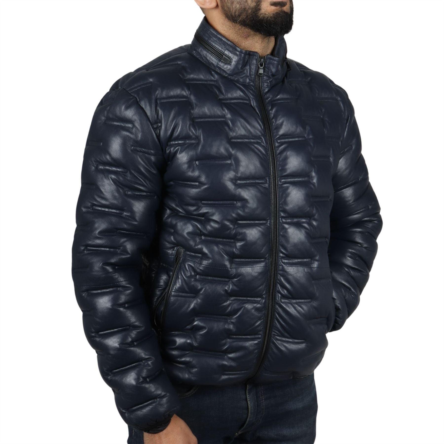 Men's Puffer Quilted Real Leather Jacket Casual Waist Length - Knighthood Store