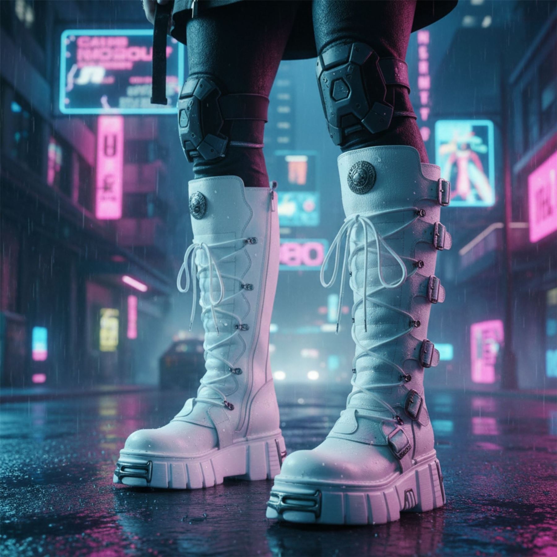 New Rock M-272-C69 Knee High White Leather Gothic Boots