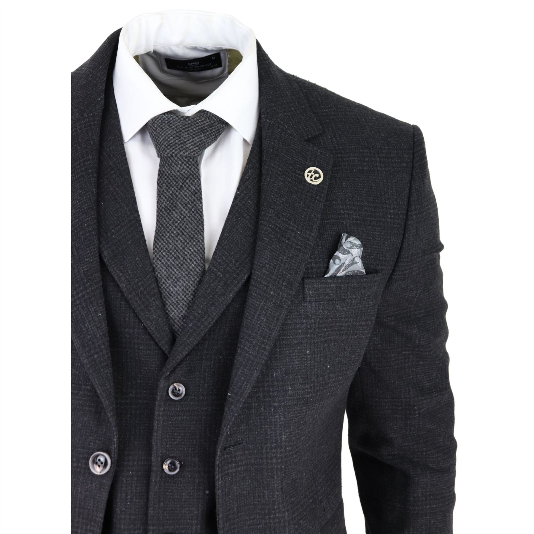 Mens Black Tweed 3 Piece Suit Check Vintage 1920s Gatsby Blinders Tailored Fit