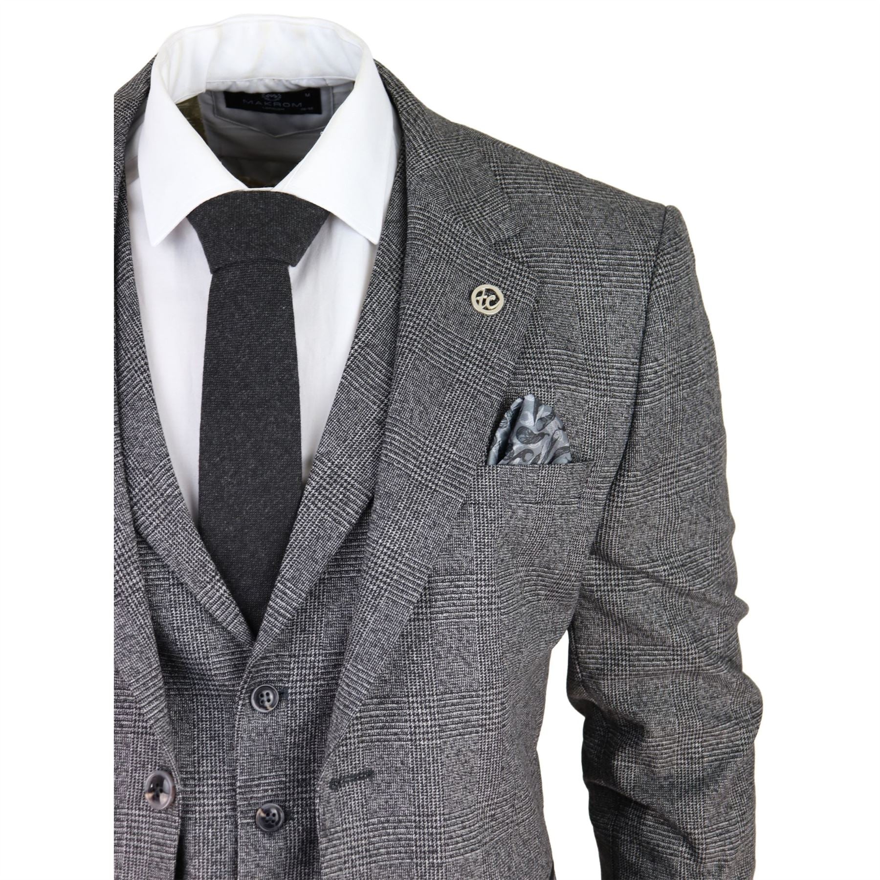Mens Classic 3 Piece Suit Prince Of Wales Check Grey Tailored Fit Vintage Wedding
