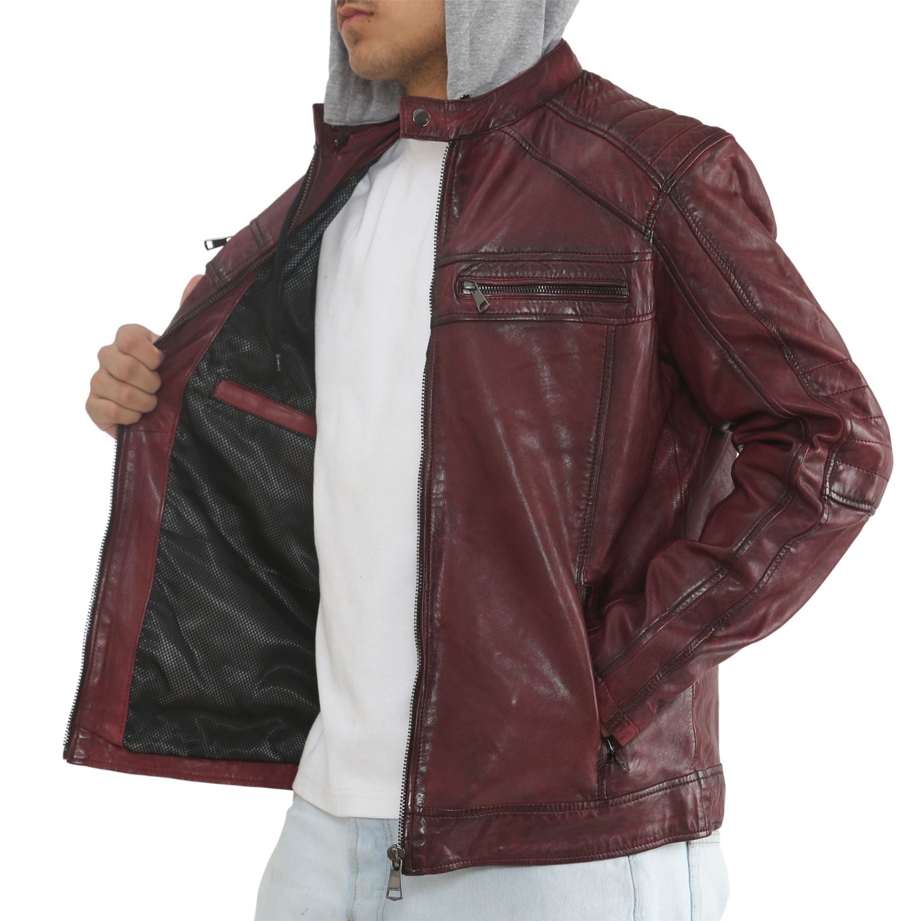 Men's Hooded Biker Lamb Leather Jacket