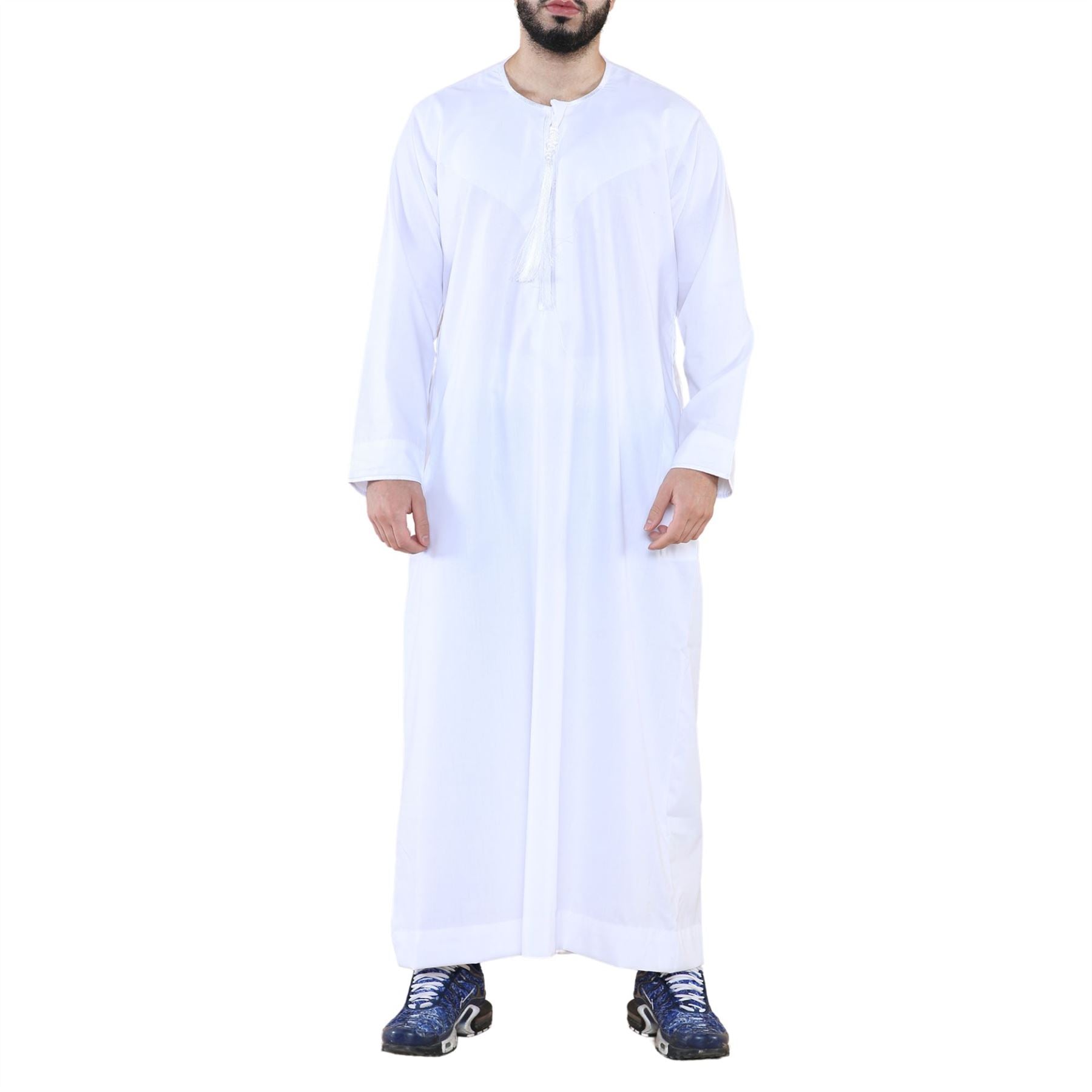 Mens Thobe Jubba Islamic Clothing Muslim Kaftan Emirati Omani Robe Arab Tassel